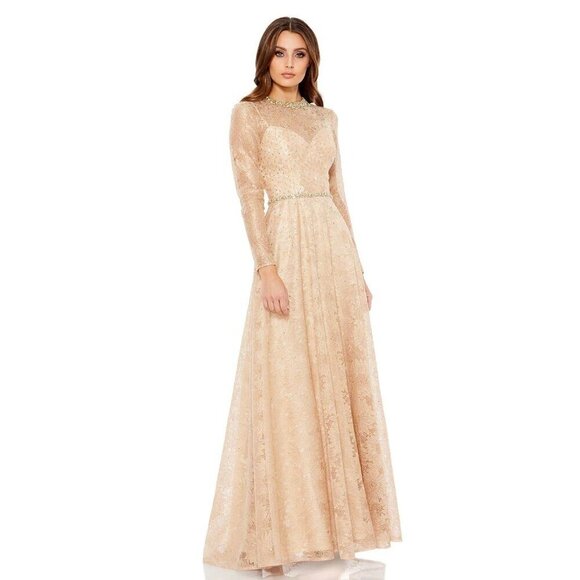 MAC DUGGAL Long Sleeve Floral Lace Gown Rose Cream Womens Size 14 - Picture 1 of 10